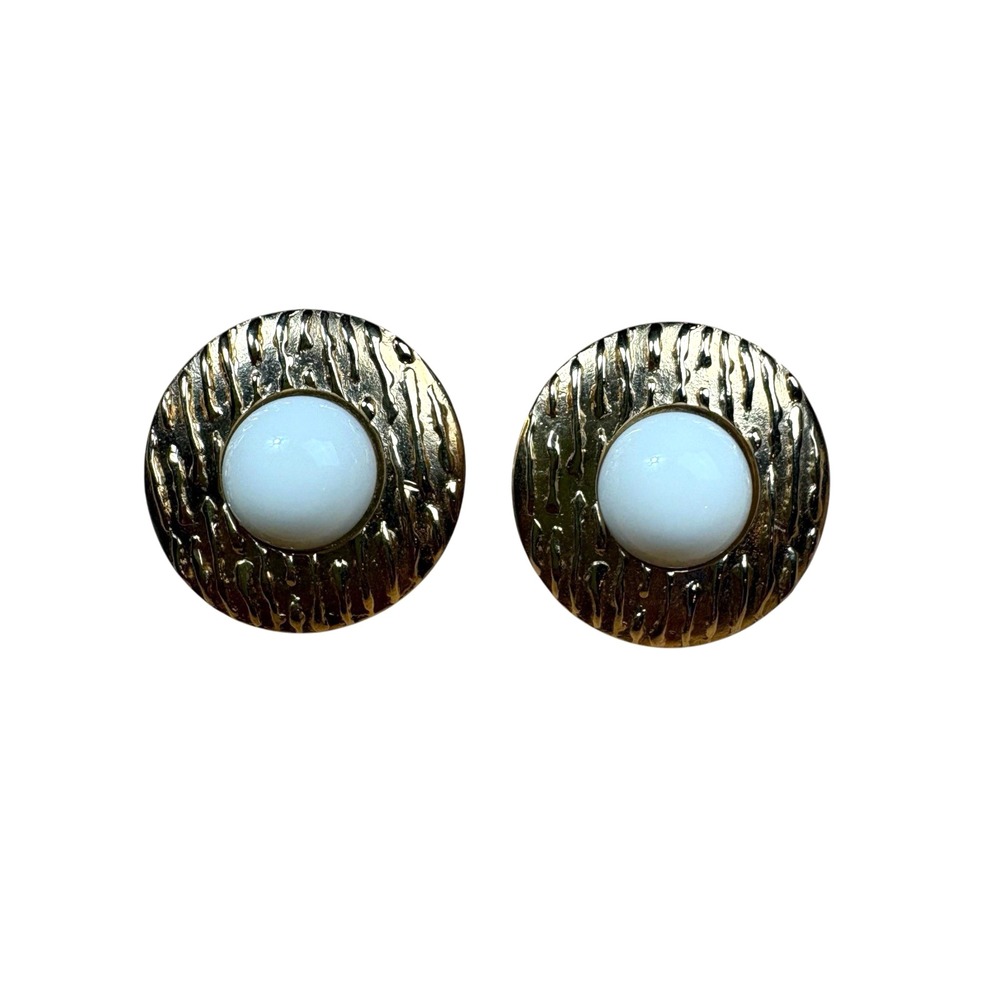 Vintage Trifari Round White Cabochon Gold Tone Earrings Signed